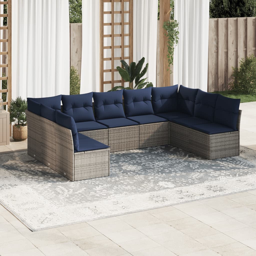 Set Divani da Giardino 9 pz con Cuscini Grigio in Polyrattan