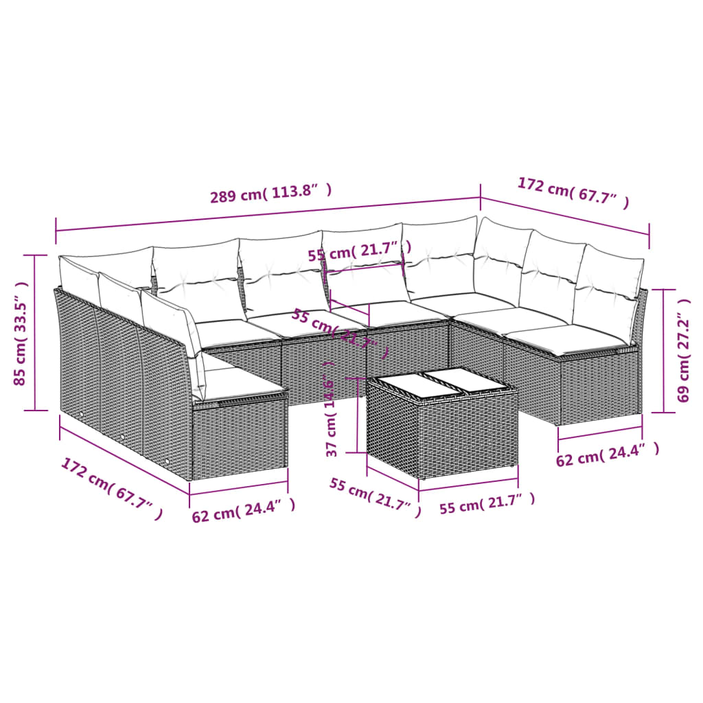 Set Divani da Giardino 10 pz con Cuscini Grigio in Polyrattan