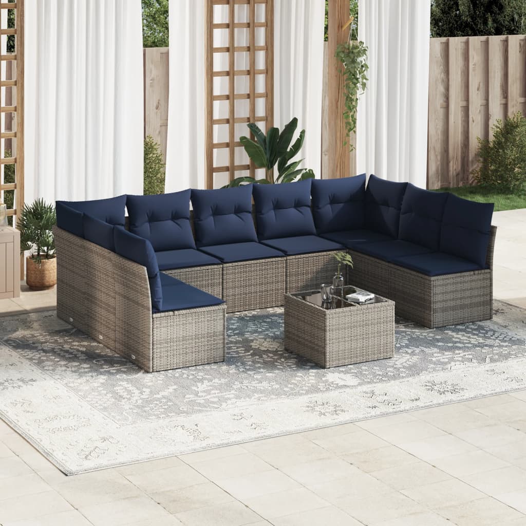 Set Divani da Giardino 10 pz con Cuscini Grigio in Polyrattan