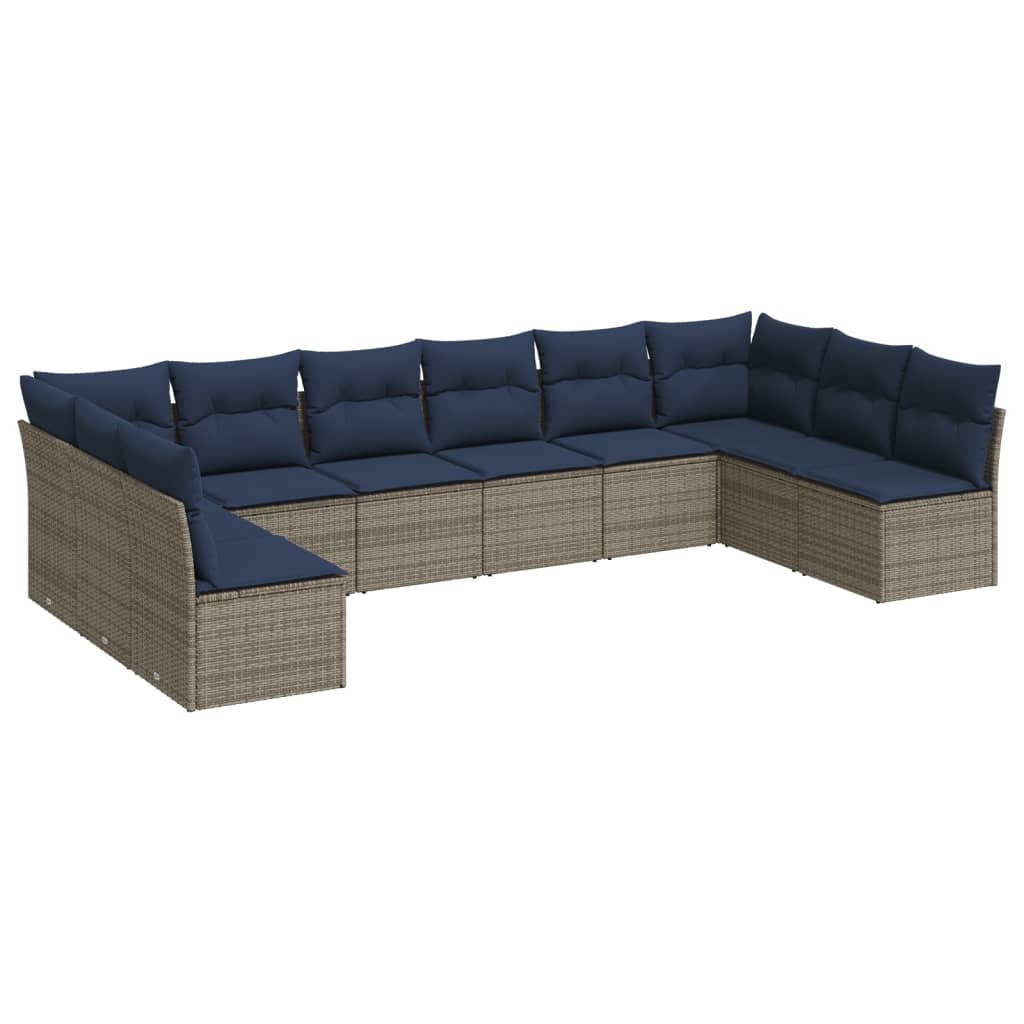 Set Divani da Giardino 10 pz con Cuscini Grigio in Polyrattan