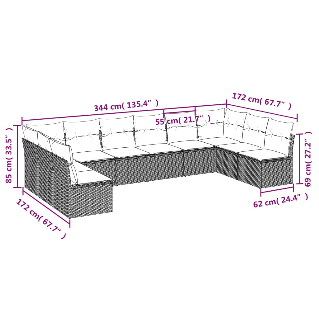 Set Divani da Giardino 10 pz con Cuscini Grigio in Polyrattan