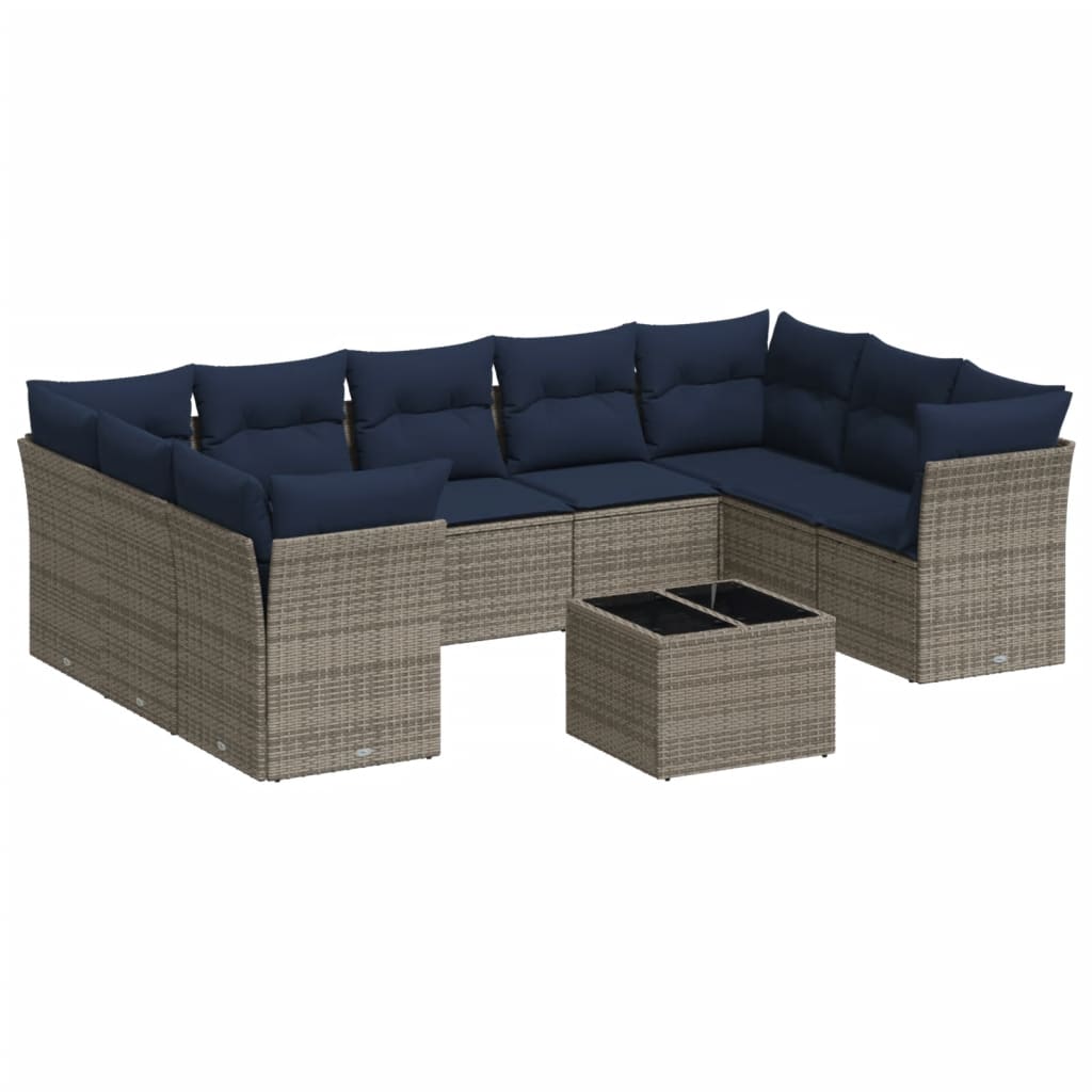 Set Divani da Giardino 10 pz con Cuscini Grigio in Polyrattan