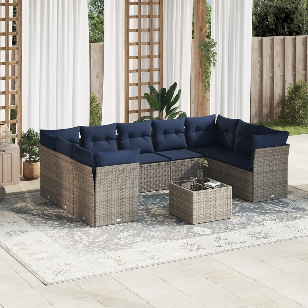 Set Divani da Giardino 10 pz con Cuscini Grigio in Polyrattan