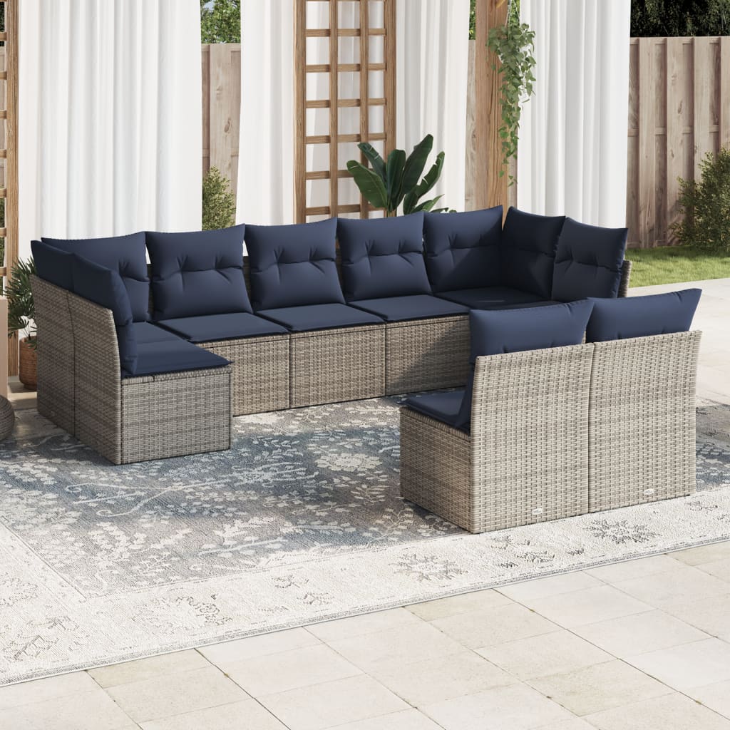 Set Divani da Giardino 9 pz con Cuscini Grigio in Polyrattan