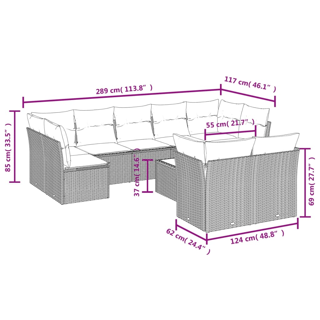 Set Divani da Giardino 10 pz con Cuscini Grigio in Polyrattan