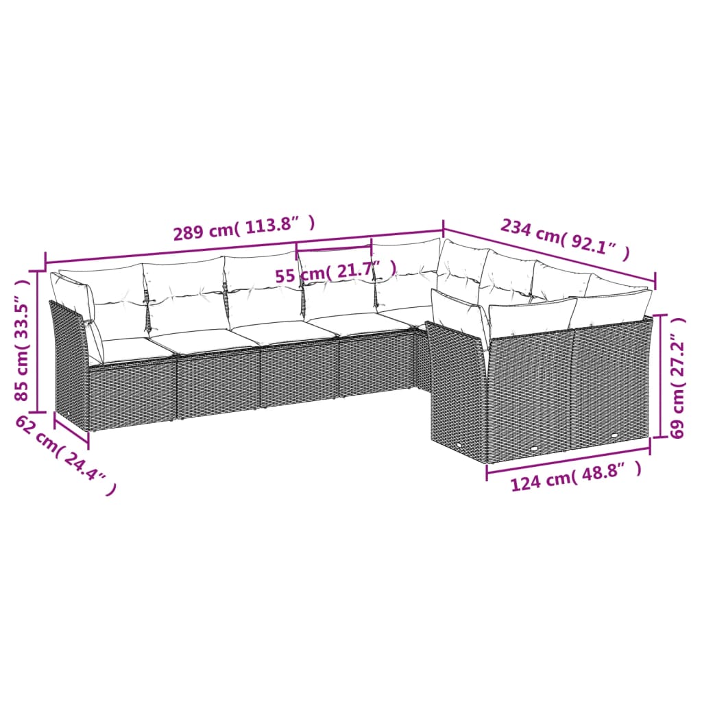 Set Divani da Giardino 9 pz con Cuscini Grigio in Polyrattan