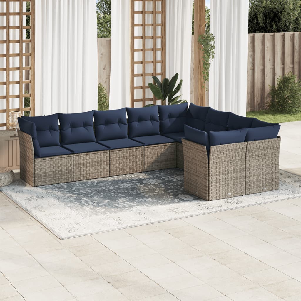 Set Divani da Giardino 9 pz con Cuscini Grigio in Polyrattan