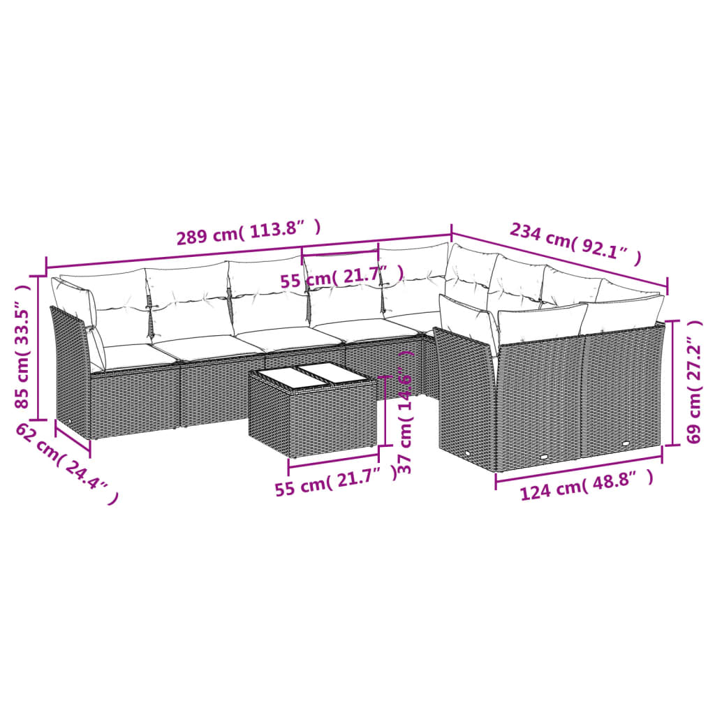 Set Divani da Giardino 10 pz con Cuscini Grigio in Polyrattan