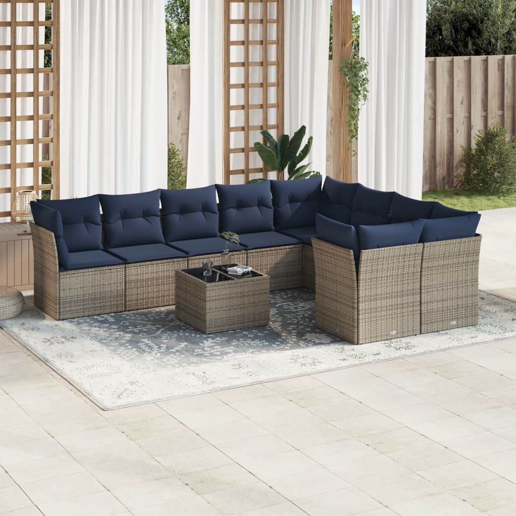 Set Divani da Giardino 10 pz con Cuscini Grigio in Polyrattan
