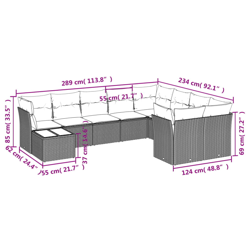 Set Divani da Giardino 10 pz con Cuscini Grigio in Polyrattan