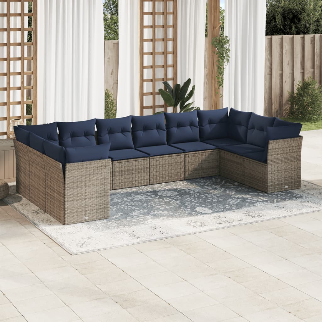 Set Divani da Giardino 10 pz con Cuscini Grigio in Polyrattan