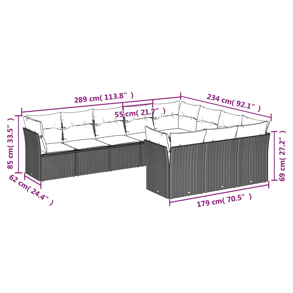 Set Divani da Giardino 10 pz con Cuscini Grigio in Polyrattan