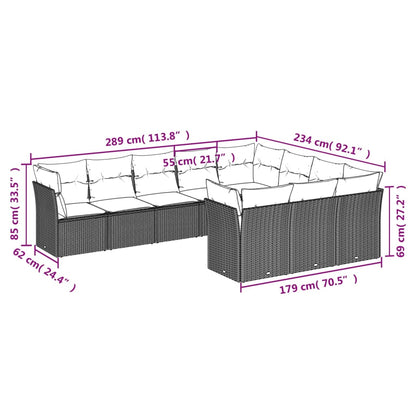 Set Divani da Giardino 10 pz con Cuscini Grigio in Polyrattan