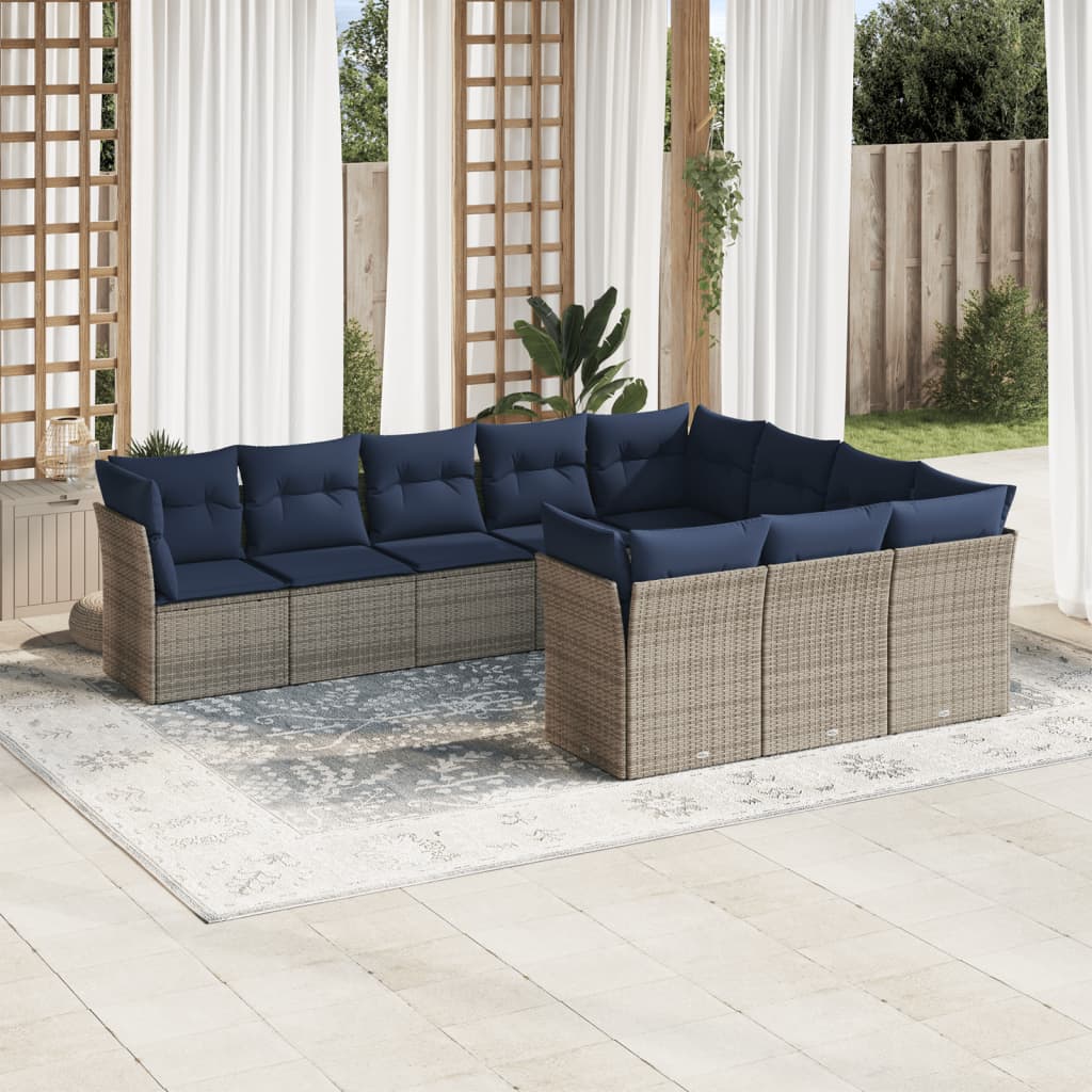 Set Divani da Giardino 10 pz con Cuscini Grigio in Polyrattan