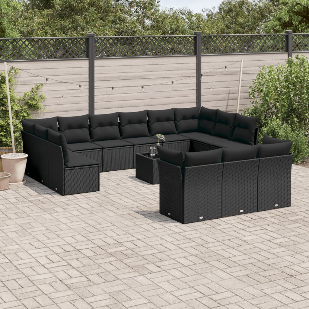 Set Divani da Giardino 14pz con Cuscini in Polyrattan Nero