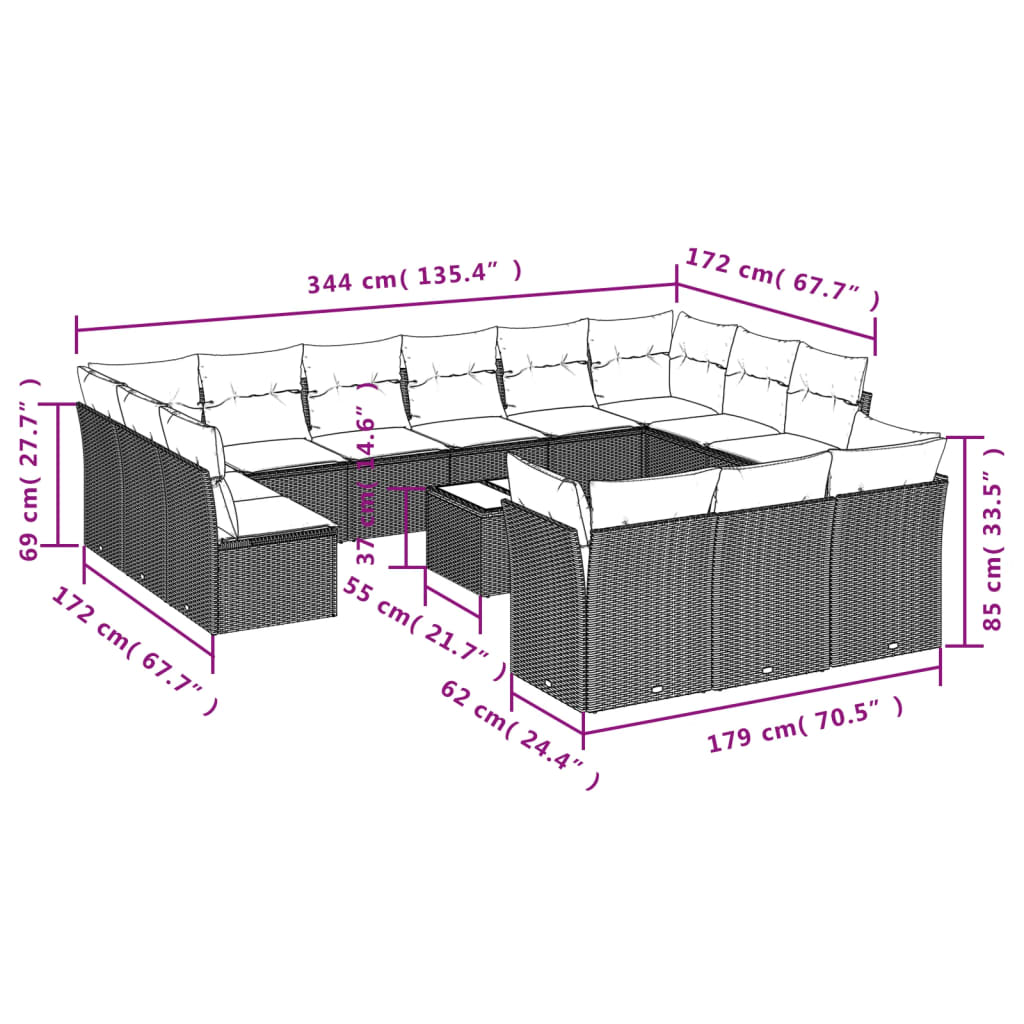 Set Divani da Giardino 14pz con Cuscini in Polyrattan Grigio