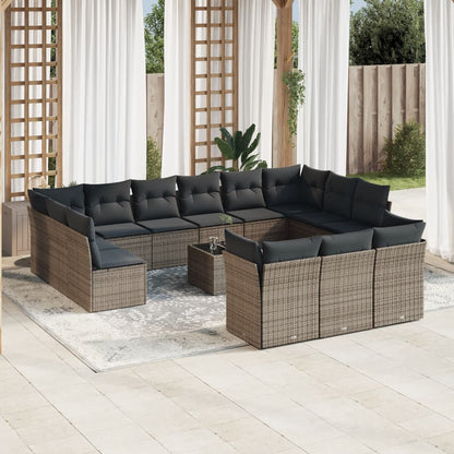 Set Divani da Giardino 14pz con Cuscini in Polyrattan Grigio