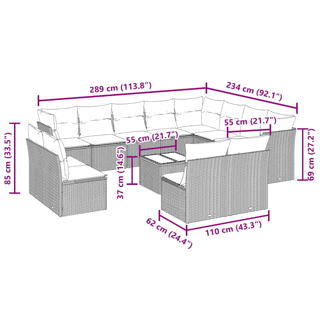 Set Divani Giardino 13 pz con Cuscini Grigio Chiaro Polyrattan
