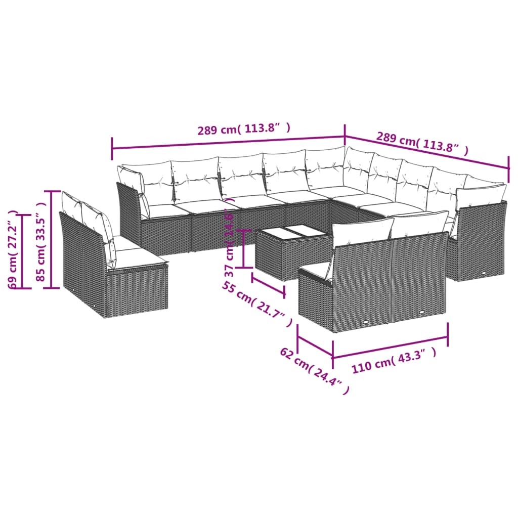 Set Divani da Giardino 14pz con Cuscini in Polyrattan Grigio