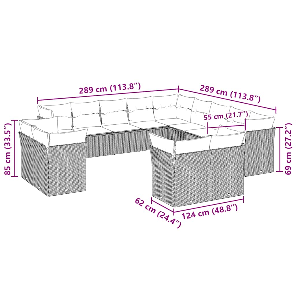 Set Divani Giardino 13 pz con Cuscini Grigio Chiaro Polyrattan
