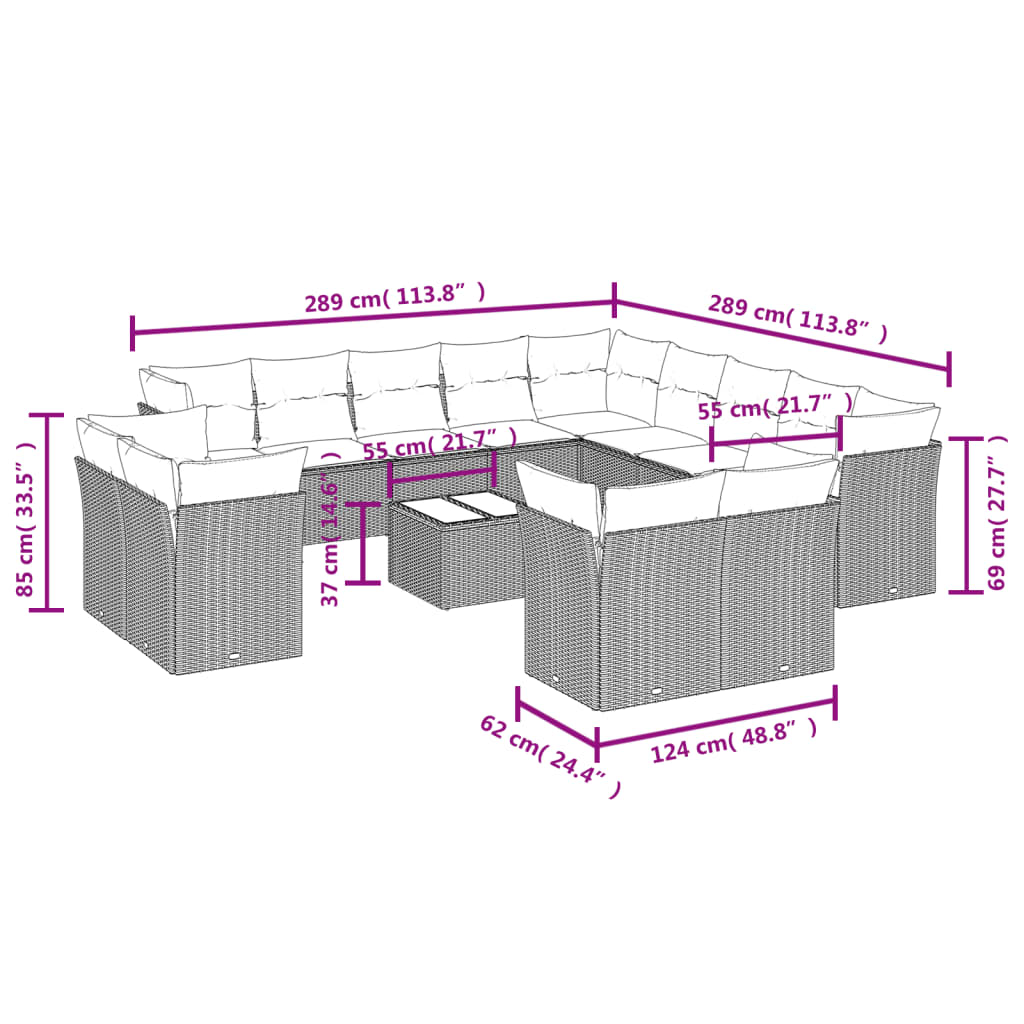 Set Divani da Giardino 14pz con Cuscini in Polyrattan Grigio