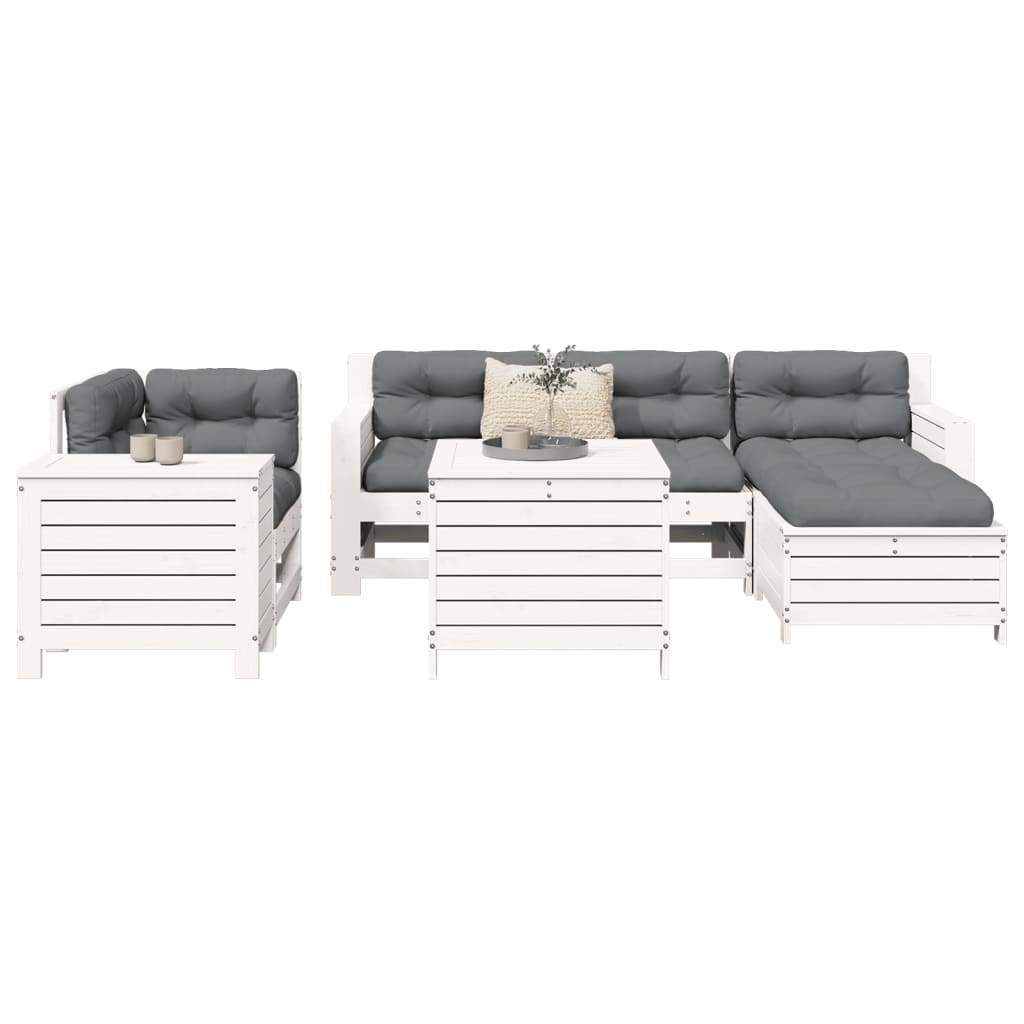 Set Divani da Giardino 7 pz Bianco in Legno Massello di Pino
