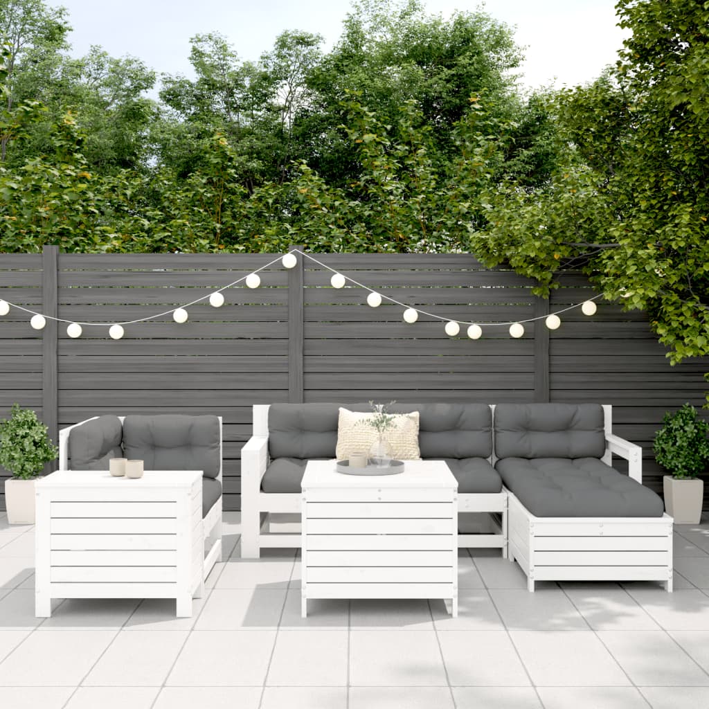 Set Divani da Giardino 7 pz Bianco in Legno Massello di Pino