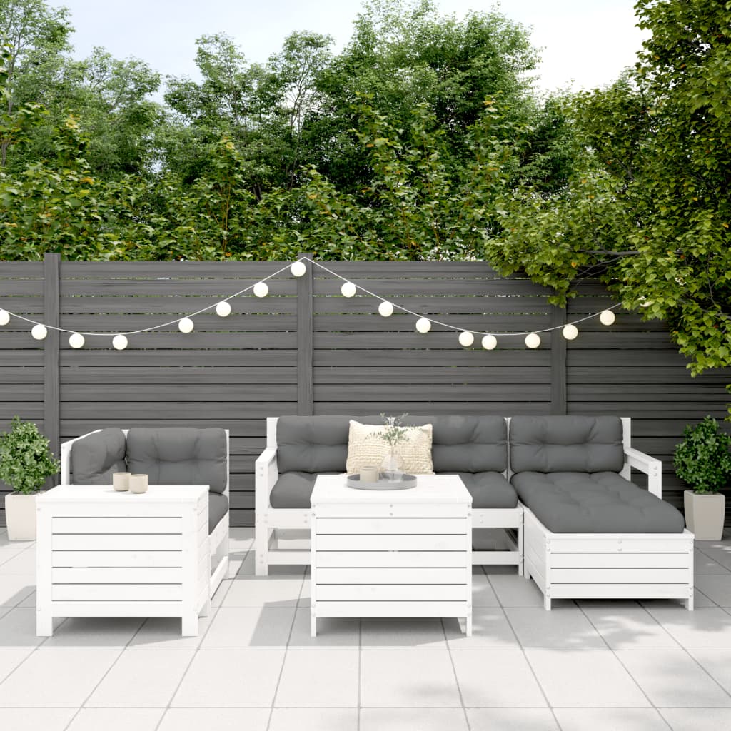 Set Divani da Giardino 7 pz Bianco in Legno Massello di Pino