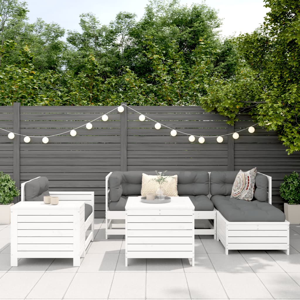 Set Divani da Giardino 7 pz Bianco in Legno Massello di Pino