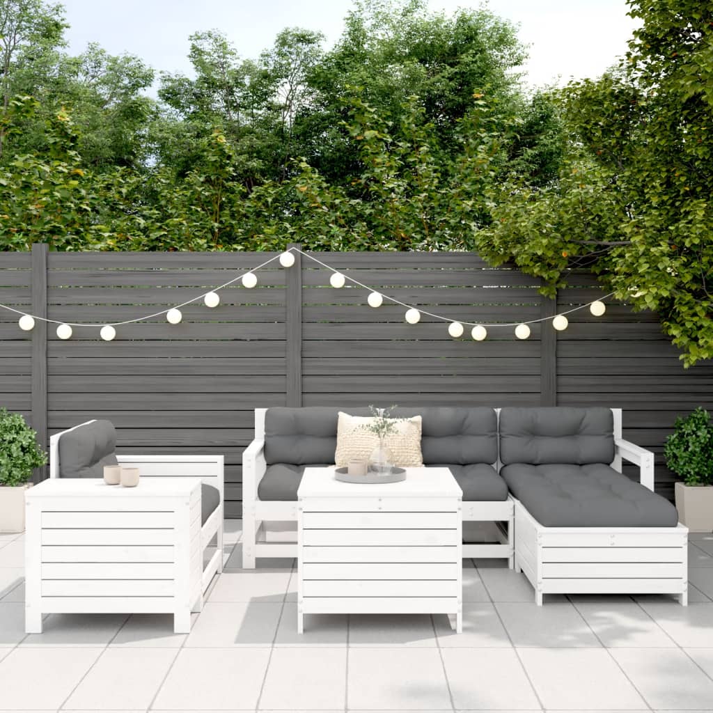 Set Divani da Giardino 7 pz Bianco in Legno Massello di Pino