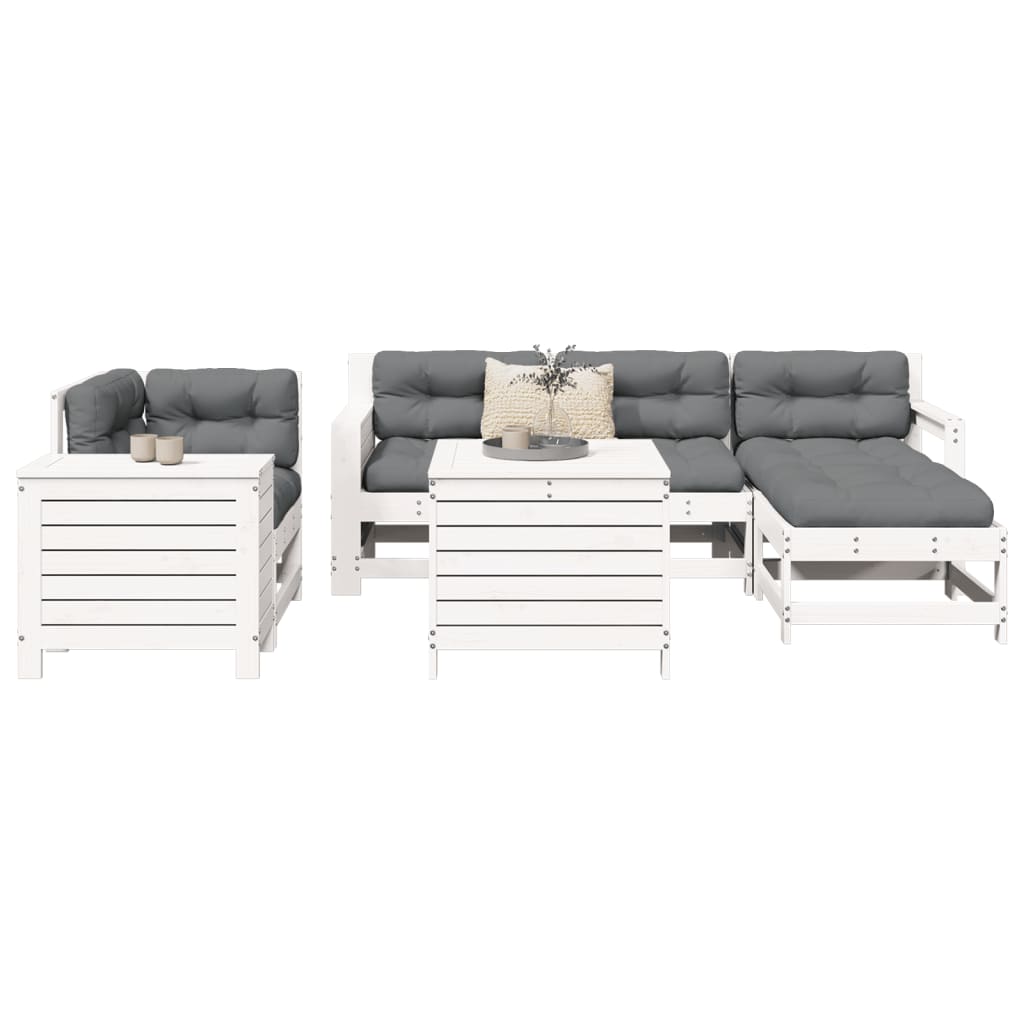 Set Divani da Giardino 7 pz Bianco in Legno Massello di Pino