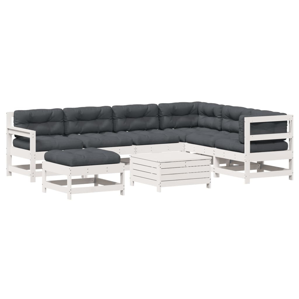Set Salotto Giardino 8pz con Cuscini Bianco Legno Massello Pino