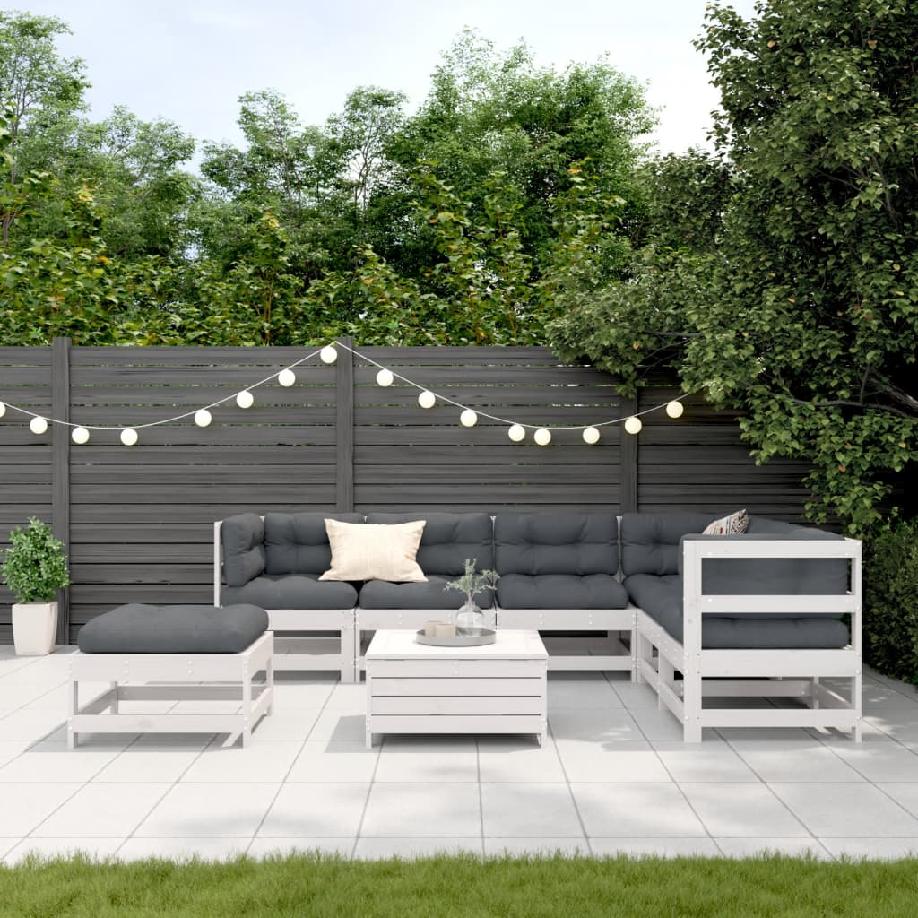 Set Salotto Giardino 8pz con Cuscini Bianco Legno Massello Pino
