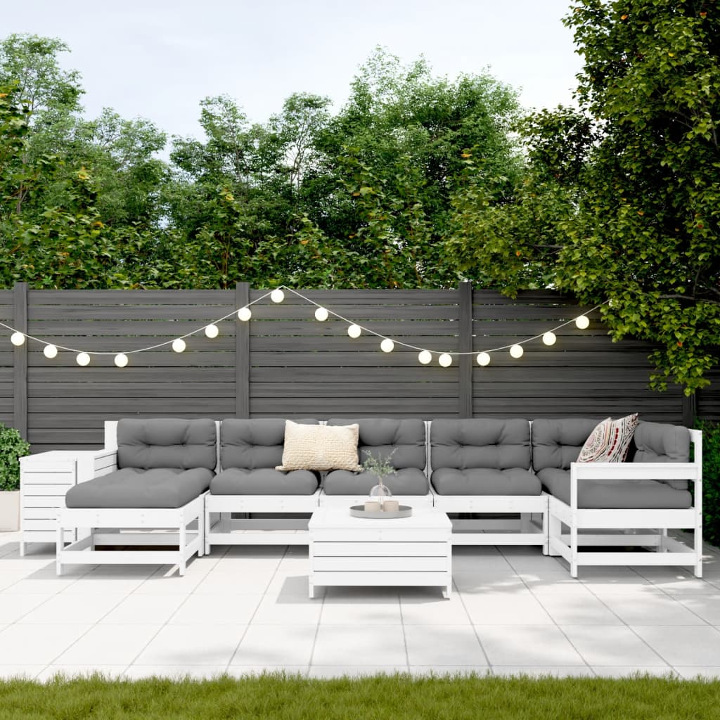 Set Divani da Giardino 9 pz Bianco in Legno Massello di Pino