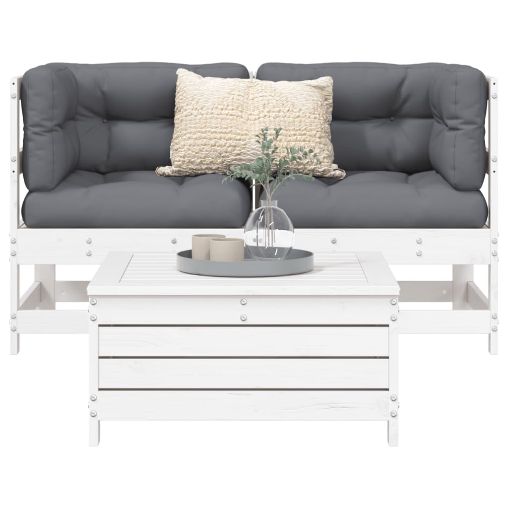 Set Divani da Giardino 3 pz Bianco in Legno Massello di Pino