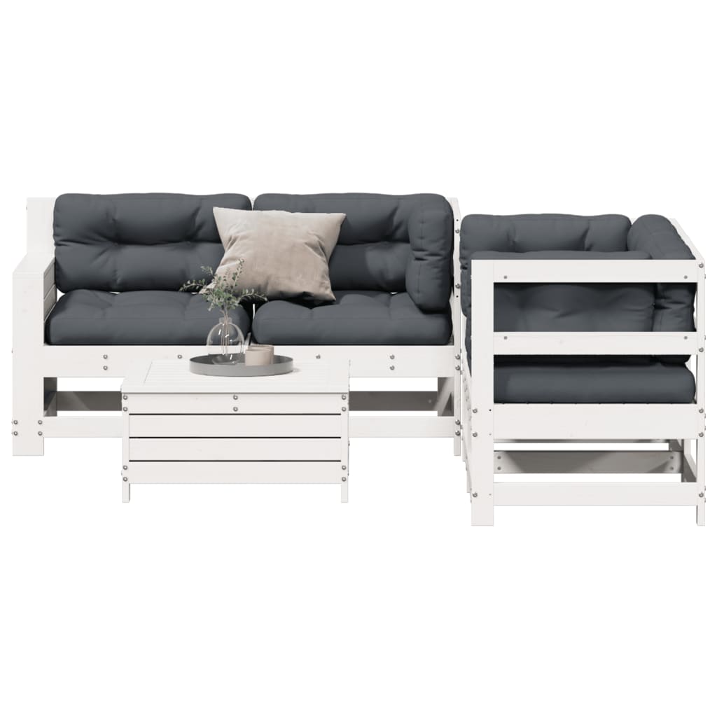 Set Salotto Giardino 5pz con Cuscini Bianco Legno Massello Pino