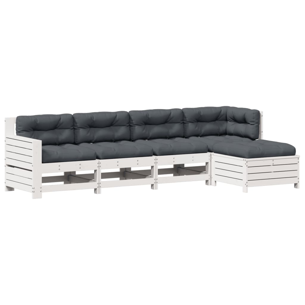 Set Salotto Giardino 5pz con Cuscini Bianco Legno Massello Pino