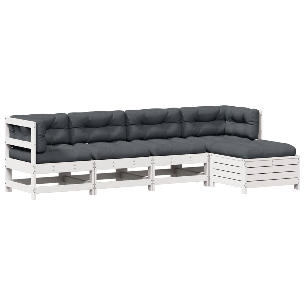 Set Salotto Giardino 5pz con Cuscini Bianco Legno Massello Pino