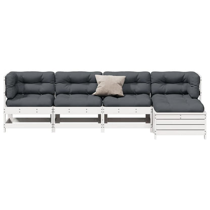 Set Salotto Giardino 5pz con Cuscini Bianco Legno Massello Pino