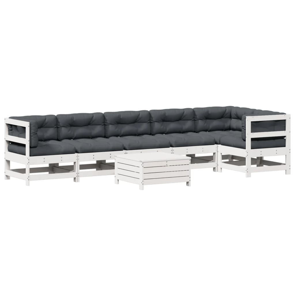 Set Salotto Giardino 7pz con Cuscini Bianco Legno Massello Pino