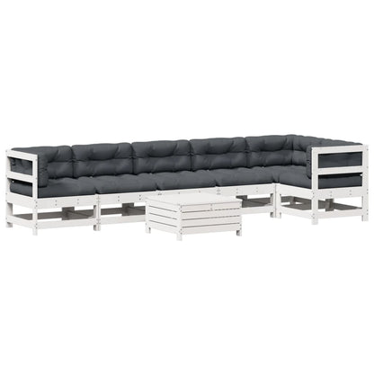 Set Salotto Giardino 7pz con Cuscini Bianco Legno Massello Pino
