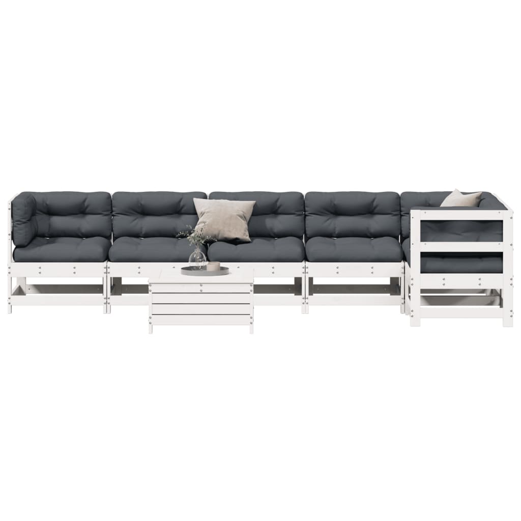 Set Salotto Giardino 7pz con Cuscini Bianco Legno Massello Pino