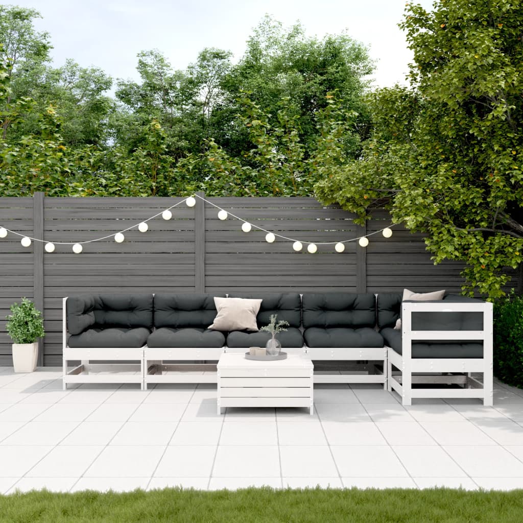 Set Salotto Giardino 7pz con Cuscini Bianco Legno Massello Pino