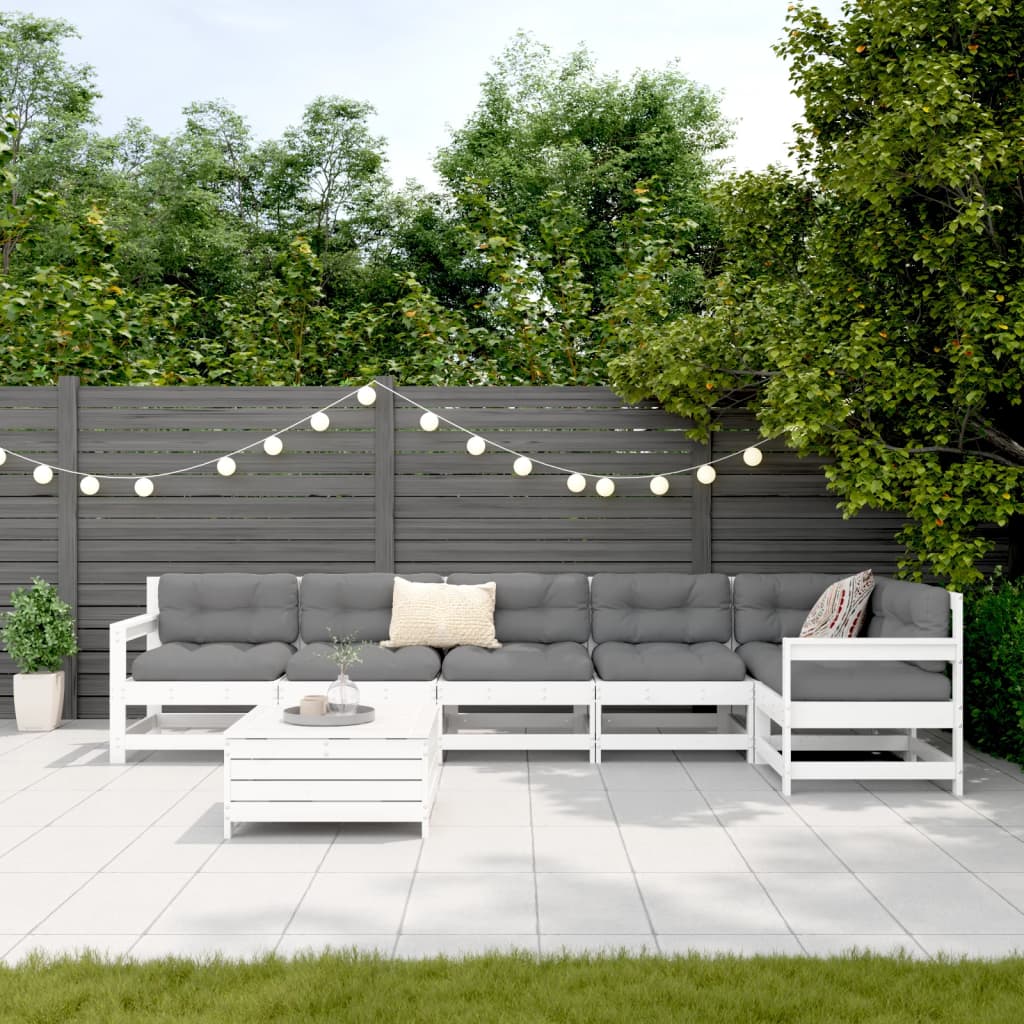 Set Divani da Giardino 7 pz Bianco in Legno Massello di Pino