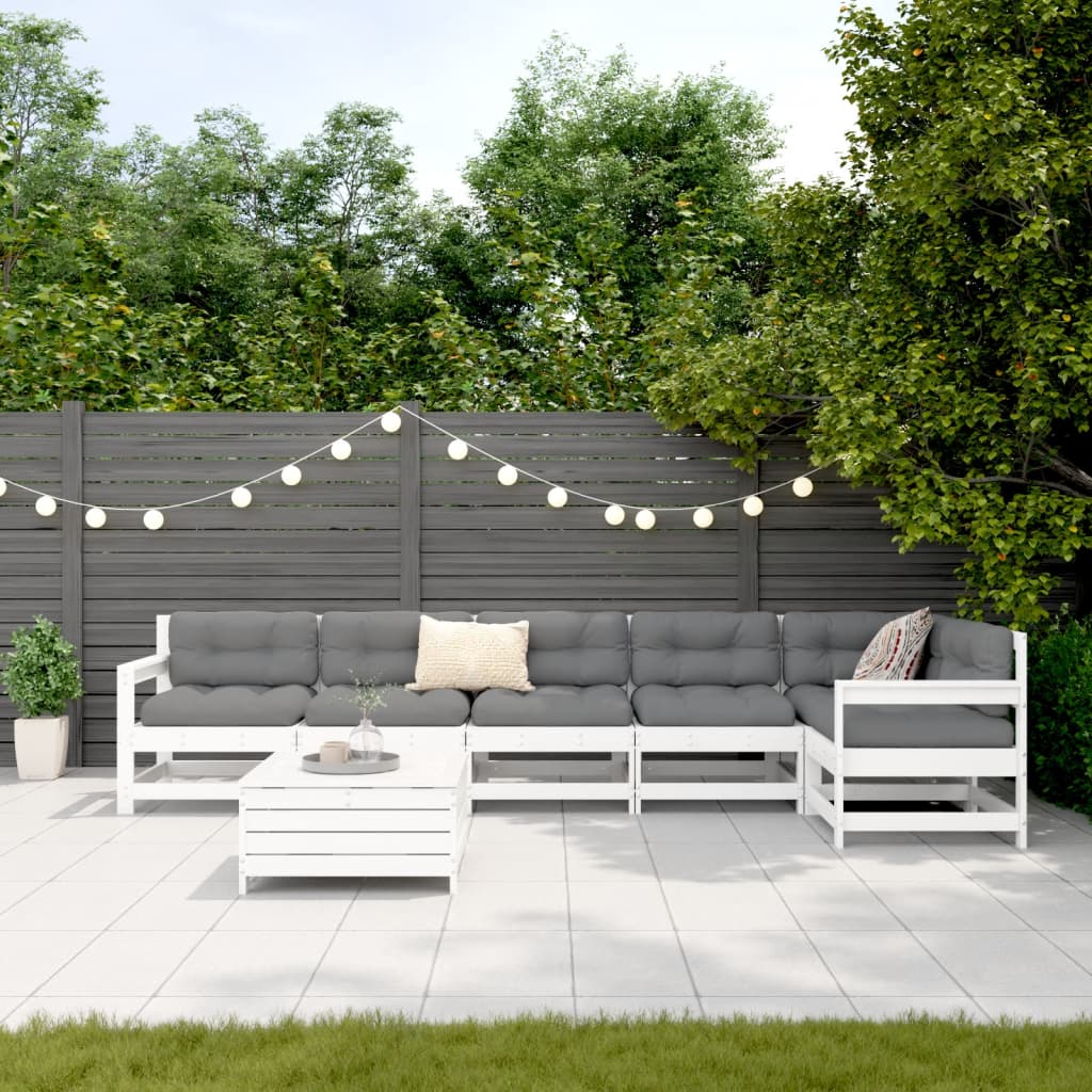 Set Divani da Giardino 7 pz Bianco in Legno Massello di Pino