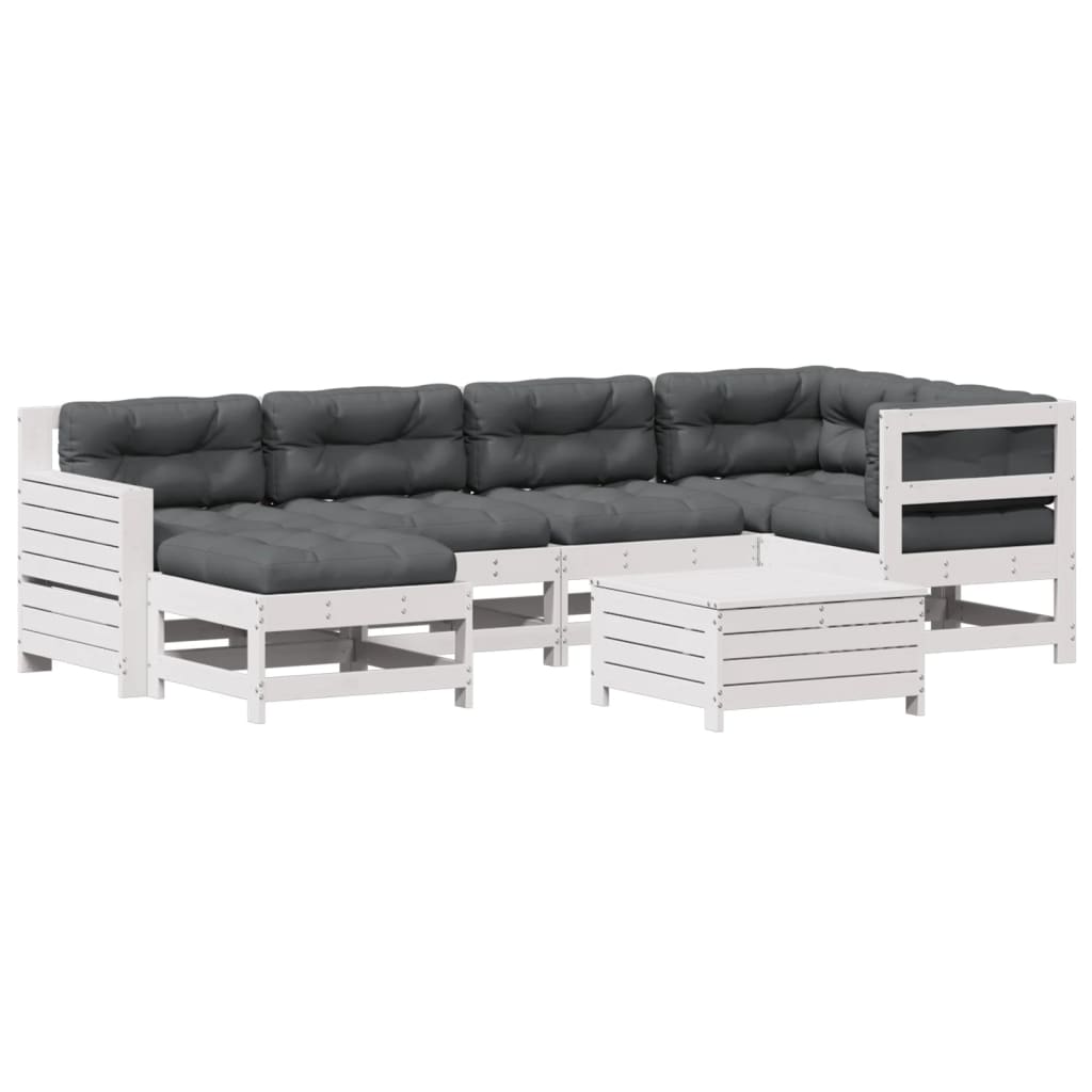 Set Salotto Giardino 7pz con Cuscini Bianco Legno Massello Pino