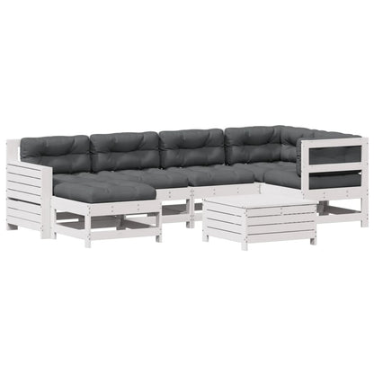 Set Salotto Giardino 7pz con Cuscini Bianco Legno Massello Pino