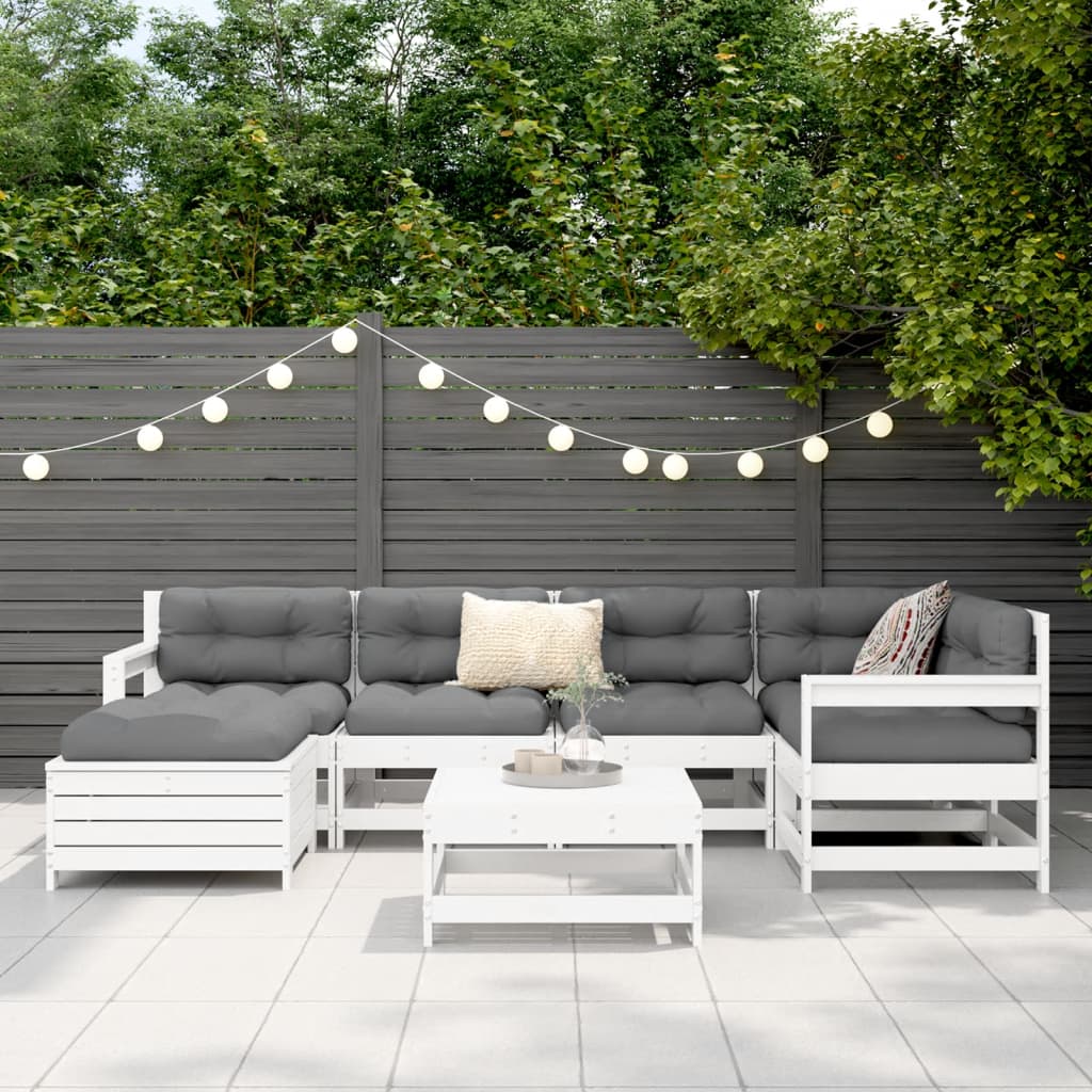 Set Divani da Giardino 7 pz Bianco in Legno Massello di Pino