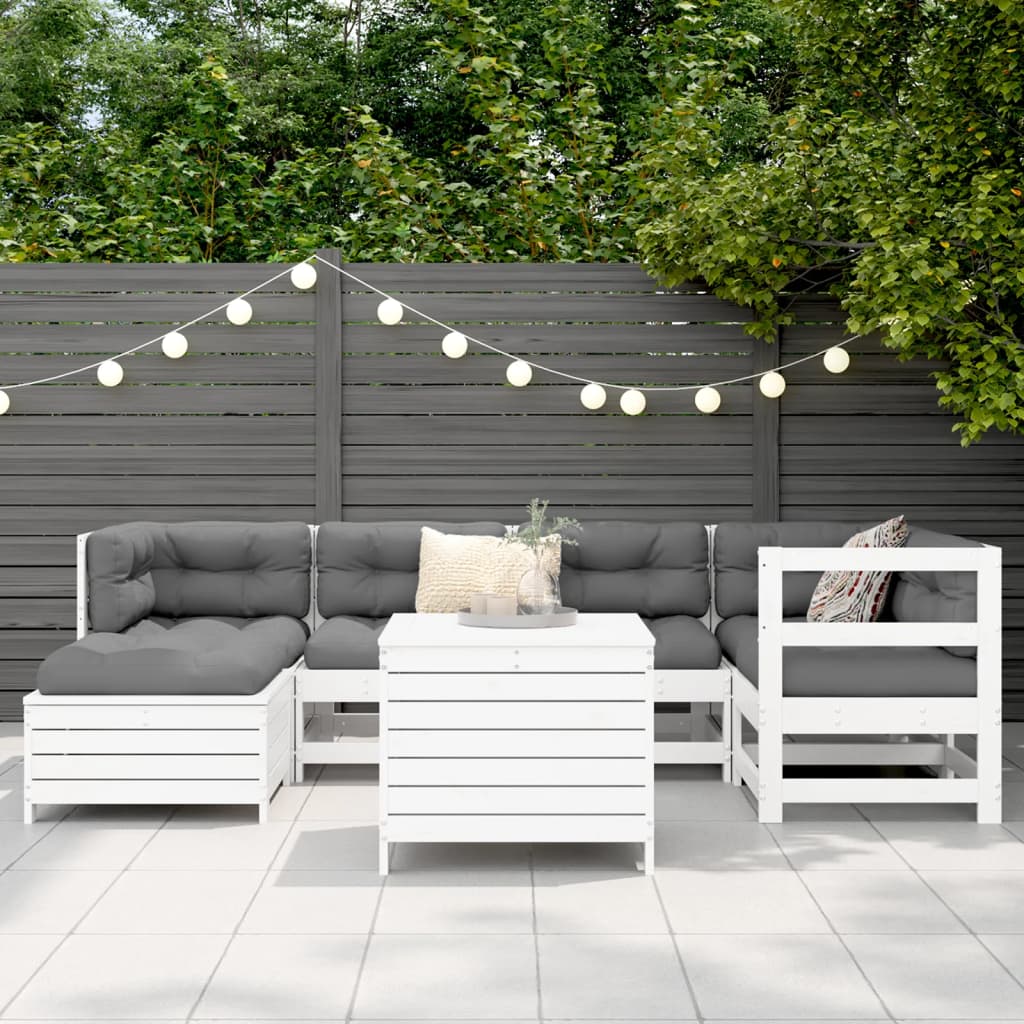 Set Divani da Giardino 7 pz Bianco in Legno Massello di Pino