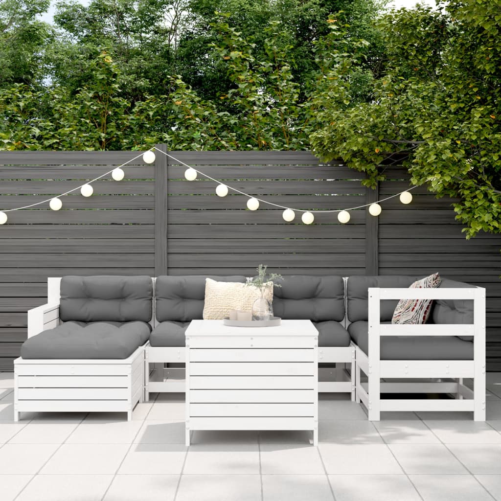 Set Divani da Giardino 7 pz Bianco in Legno Massello di Pino